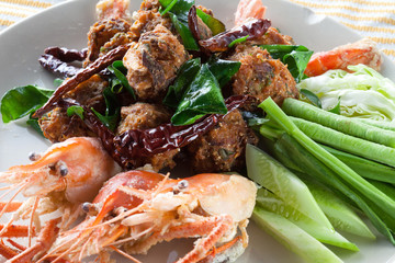 spicy fried pork mince ball with head shrimp, Thai foods