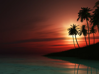 Fototapeta na wymiar 3D palm tree island at sunset