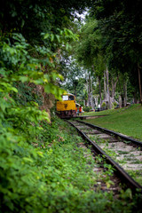 Obraz premium Trains run on tracks through the woods and cliffs 