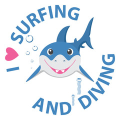 Surfing and diving summer theme with little smiling shark.