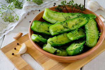 Fresh pickled cucumbers with dill and garlic