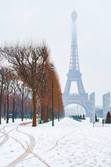 Scenic view of the Eiffel tower on a snowy winter day