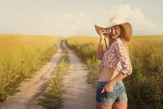 Beautiful Girl With Retro Camera Over Countryside Road, Instagra