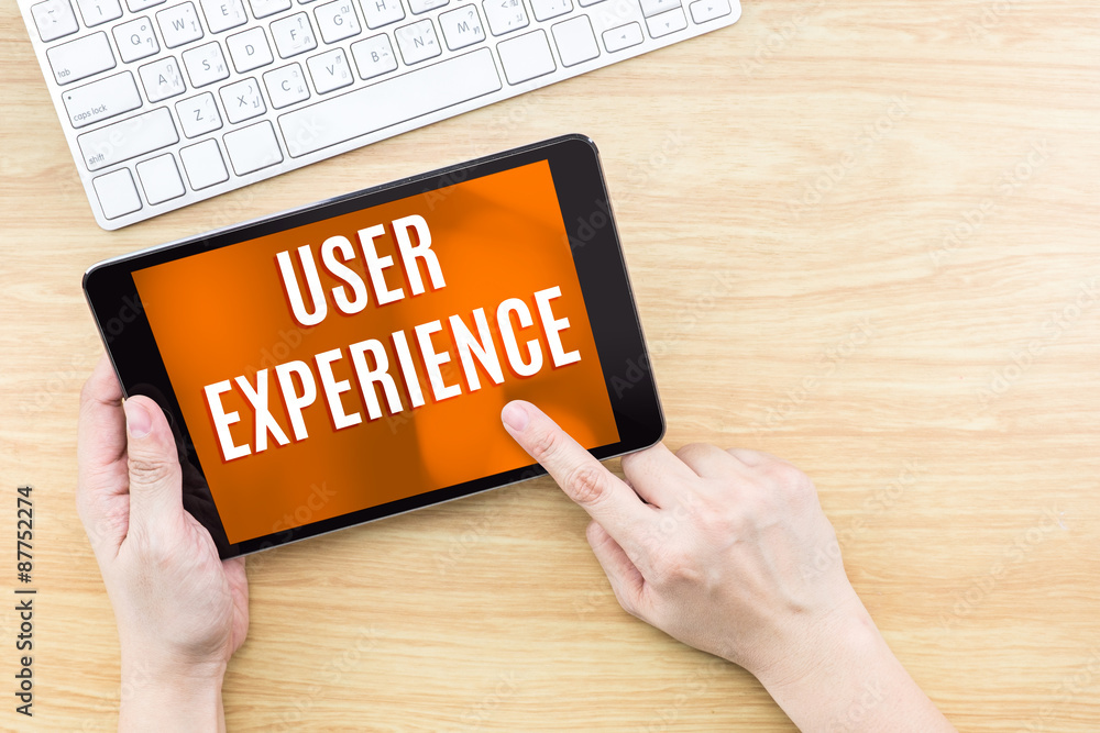 Poster Finger click screen with User experience word with keyboard on w