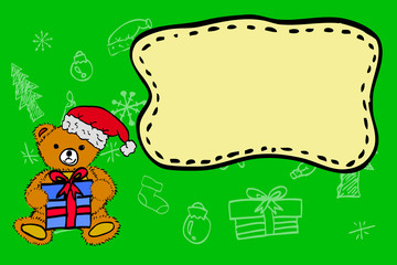 Christmas Greeting Card - Teddy Bear using Santa Claus Hat and Holding a Gift at Green Background 
