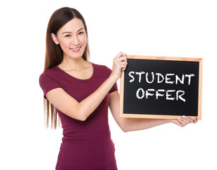 Asian woman with chalkboard showing student offer