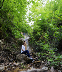 Naklejka na ściany i meble Stitched Panorama, Girl in nature beautiful girl in fairy forest