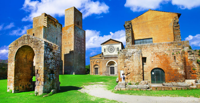 Italian historic landmarks and archeological sites. ancient Etruscan city of Tuscania, Tuscia.  view of  San Pietro e Santa Maria Maggiore church.  Italy, Viterbo province