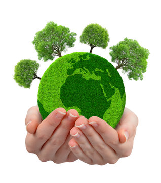 Green Planet With Trees In Hands Isolated On White Background