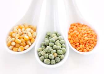 Yellow corn, red lentil and green peas