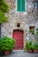Tuscan door with plants in the Italian medieval village - 87760833
