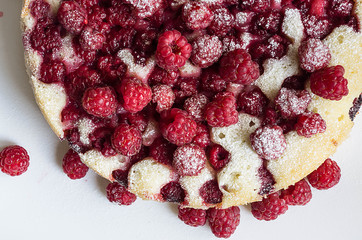 Homemade raspberry tart close-up. horizontal view from above