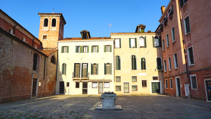 court with ancient buildings