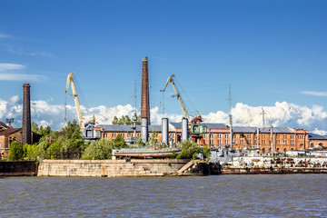 Cruiser Aurora on repairs at the dock of Kronstadt.Saint-Petersb