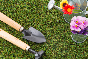 tools of gardening with turf