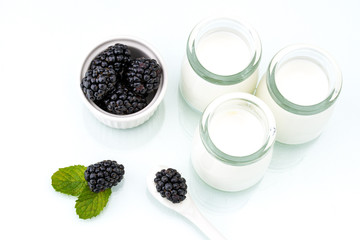 healthy breakfast with yogurt and blackberry, dieting, freshness