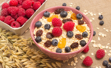 Healthy porridge with fruits on canvas