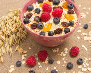 Healthy porridge with fruits on canvas