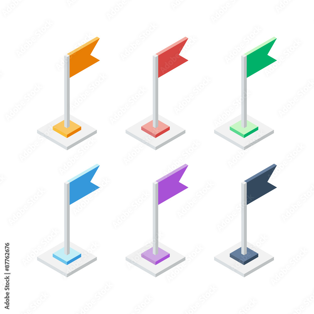 Poster Set of isometric flag pointers. Location marker symbol.