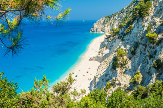 Egremni beach, Lefkada island, Greece. Large and long beach with turquoise water on the island of Lefkada in Greece