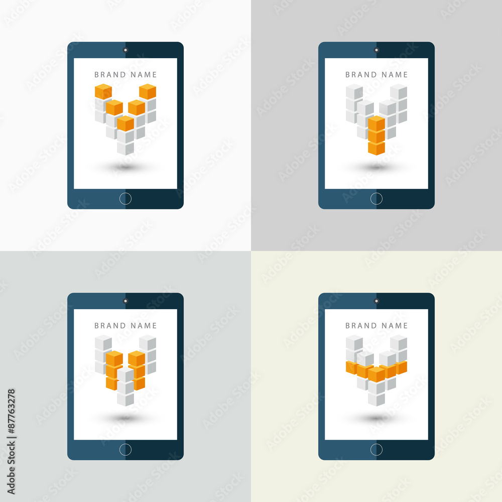 Poster Set of cube isometric logo concept. 3d cube logo design on tablet screen.