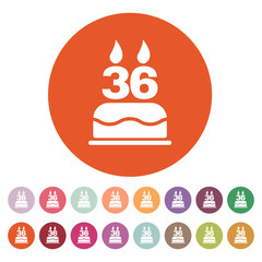 The birthday cake with candles in the form of number 36 icon. Birthday symbol. Flat