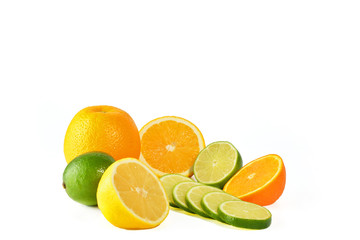 Fototapeta na wymiar Fresh citric fruit isolated on white background and coctail