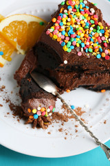Tasty chocolate cake on table, close-up