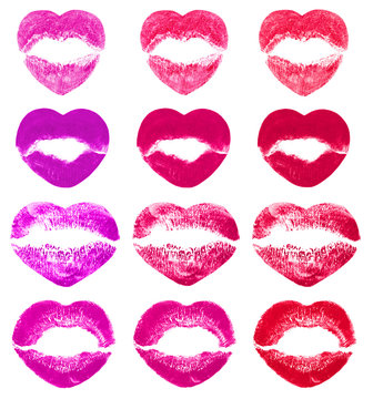 Kissing lips in shape of hearts isolated on white