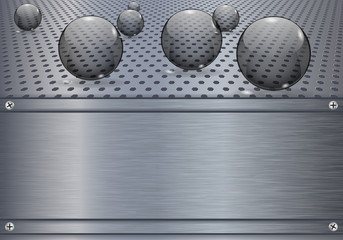 Metal background with steel plate,  screws and bubbles