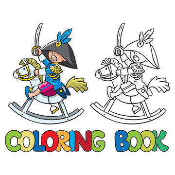Brave boy on wooden horse. Coloring book