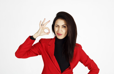 Portrait of young beautiful business woman showing showing hand