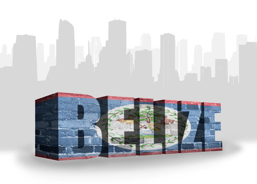 text belize with national flag of belize near abstract silhouette of the city