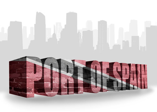 text port of spain with national flag of trinidad and tobago near abstract silhouette of the city