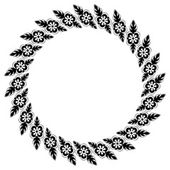 Round black and white frame with floral elements