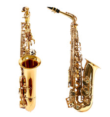 Golden saxophones isolated on white