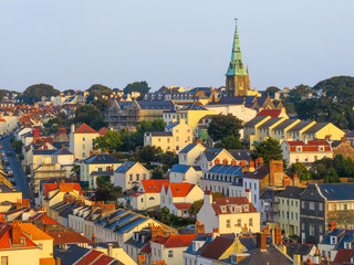 Aerial view of the Saint Peter Port at sunrise. Bailiwick of Guernsey, Channel Islands