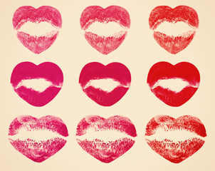 Kissing lips in shape of hearts on beige background