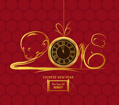 monkey design for Chinese New Year. Gold clock