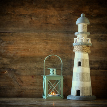nautical lifestyle evening concept. old vintage lighthouse, lantern