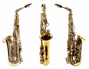 Golden saxophones isolated on white