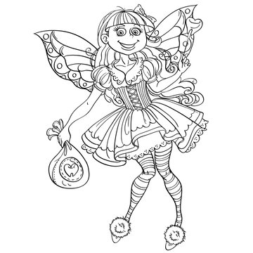 Little tooth fairy with bag and wings  outlined