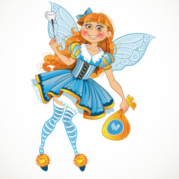 Little tooth fairy with bag of tooth with wings