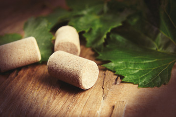 Wine bottle corks on table close-up