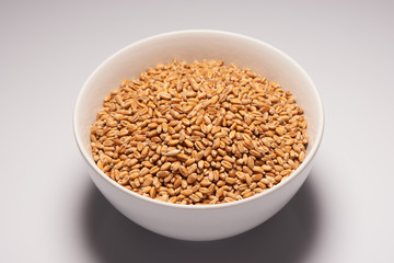Oats in white ceramic bowl on white background