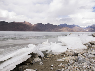 Ice lake in mountain range and rain clouds background,  Ladakh, I