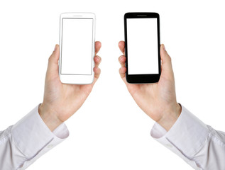 Hands holding mobile smart phones, isolated on white