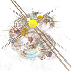 Abstrakte Computergrafik: Kugeln auf Linien und Kurven mit floralen Objekten. Elegante Grafik für festliche Grußkarten, Poster, Wallpaper. Weißer Hintergrund
