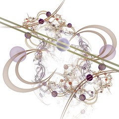Abstrakte Computergrafik: Kugeln auf Linien und Kurven mit floralen Objekten. Elegante Grafik für festliche Grußkarten, Poster, Wallpaper. Weißer Hintergrund

