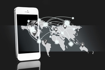 Smart phone with world map for social and internet connectivity concept